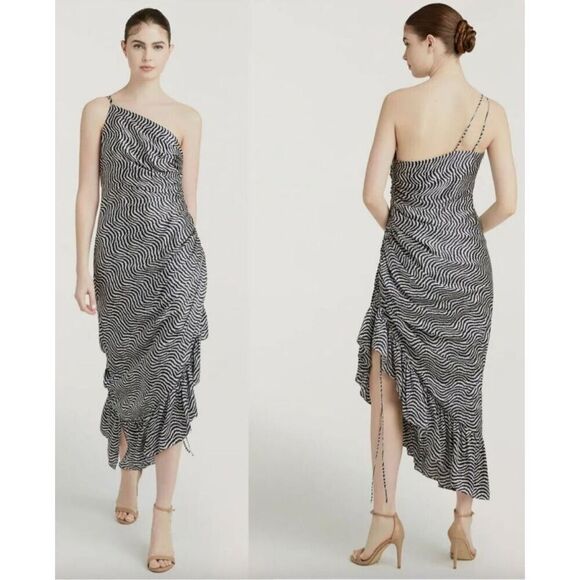 Cinq Sept Christel Silk Side Ruched Ruffled Midi Dress Size XS/0 - Picture 5 of 10